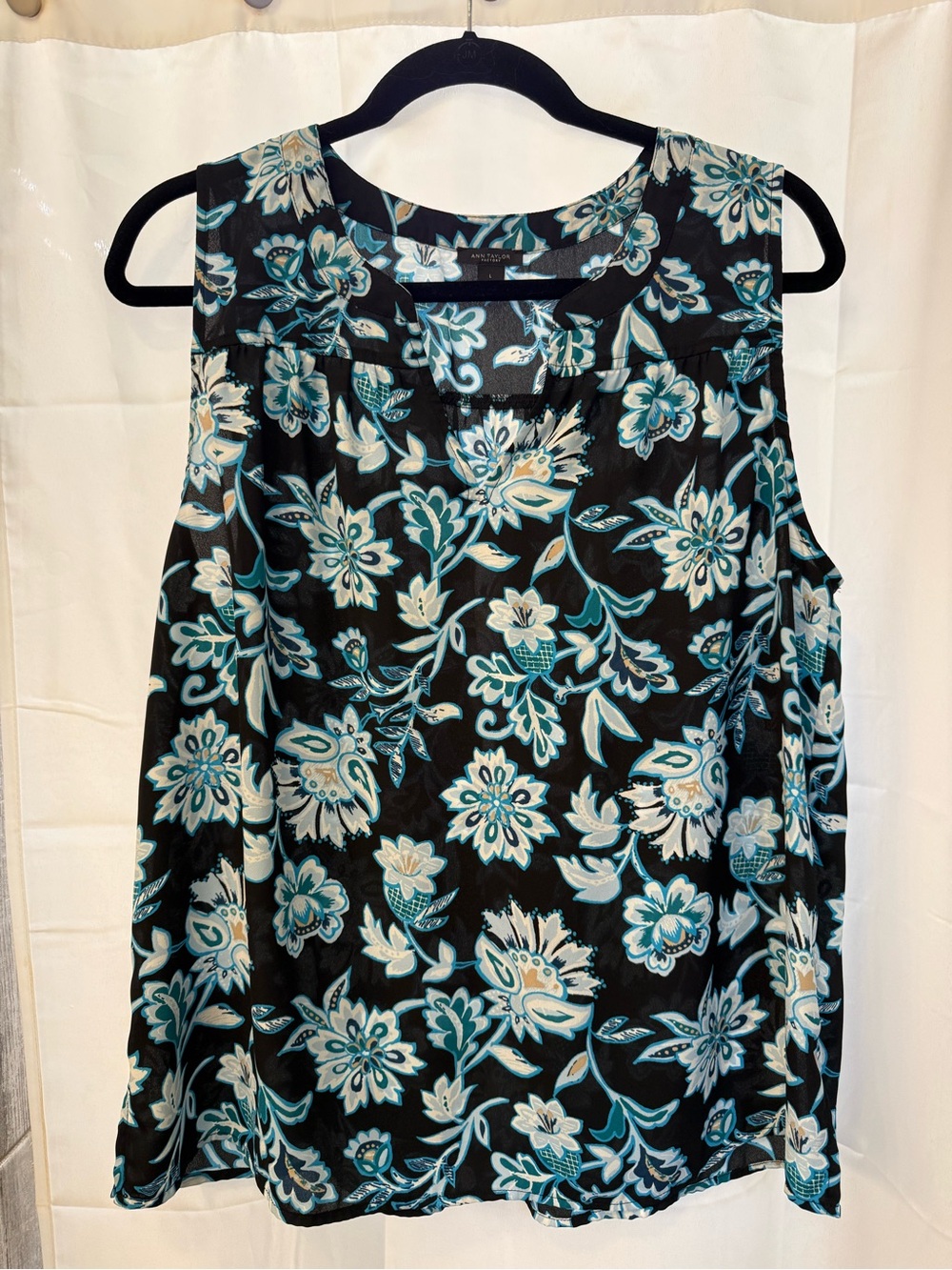 Ann Taylor Factory Black Floral Sleeveless Blouse with Teal and Cream Accents